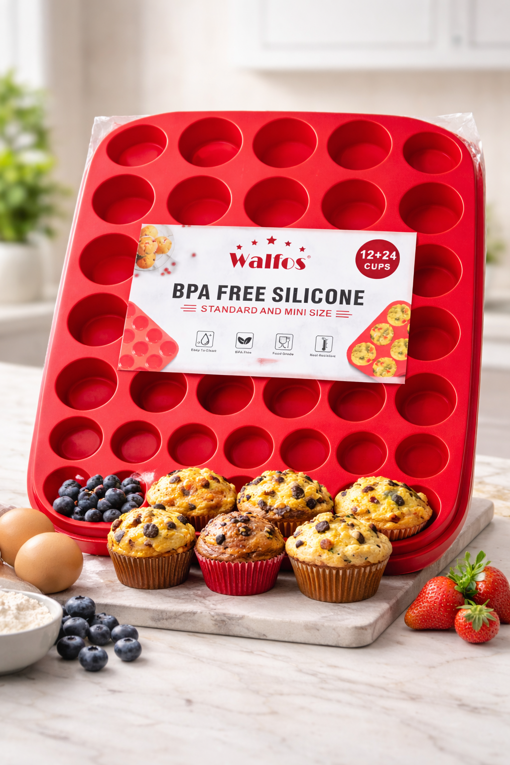 Moule à Muffins en Silicone 24 + 12 Cavités – Sans BPA, Antiadhésif, Qualité Alimentaire – Moule Cupcake & Mini Muffins – Compatible Four, Congélateur, Lave-vaisselle